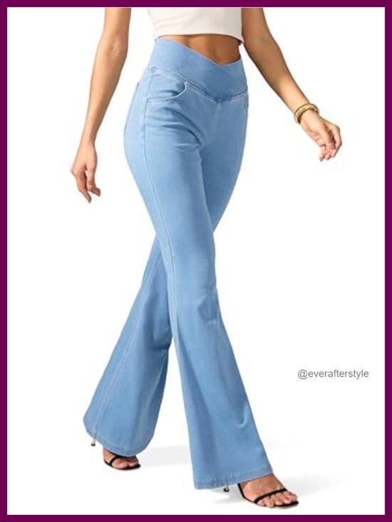 Denim - Stretchy Flare Jeans High Rise Crossover Waist Bell Bottom Jeggings